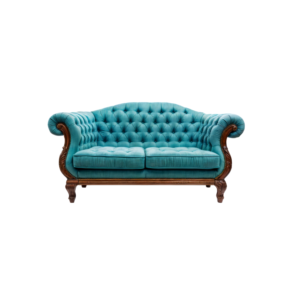 A blue couch with wooden legs and a tufted back png