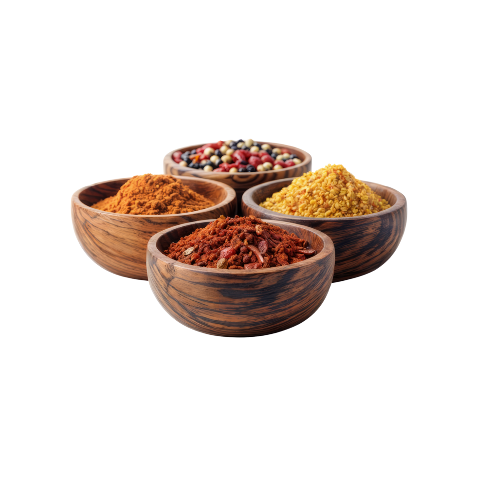 A group of wooden bowls with different spices png