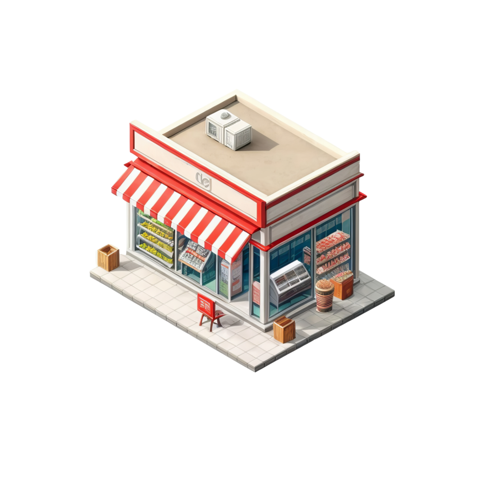 A small store with a red awning and a table png