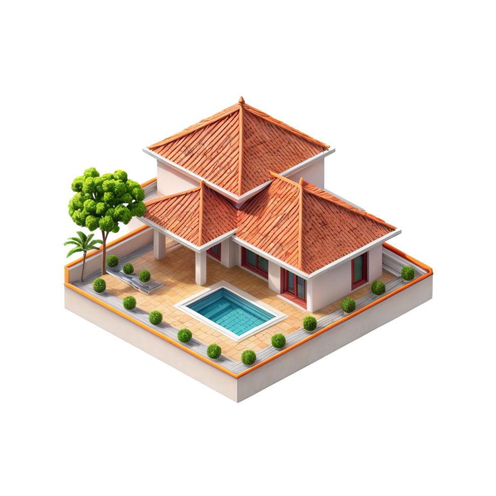 A small house with a pool and a tree png
