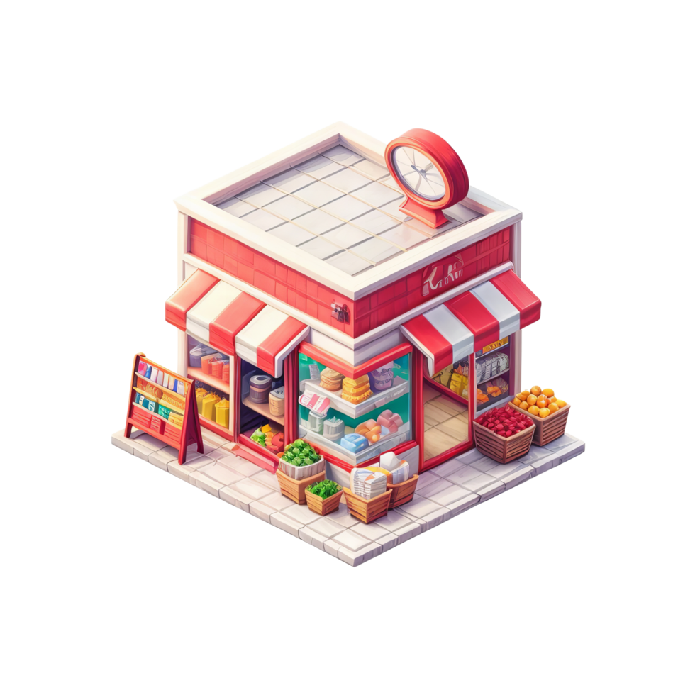 A small store with a clock and fruit on the counter png
