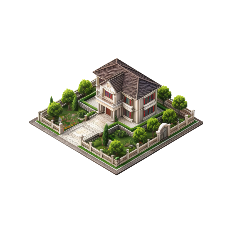 A small house with a garden and trees png