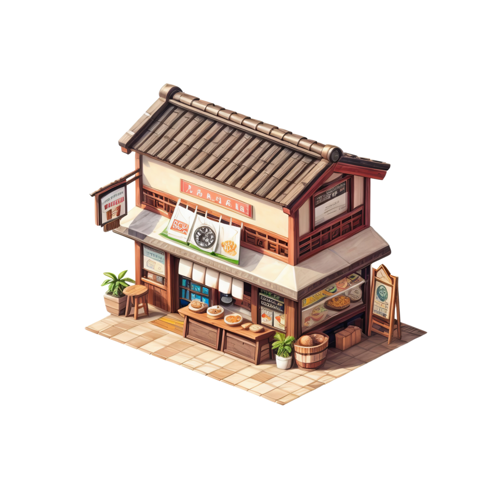 An isometric building with a small shop png