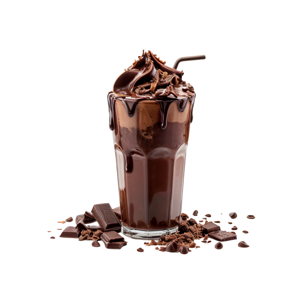 A chocolate milkshake with chocolate syrup and chocolate chips png