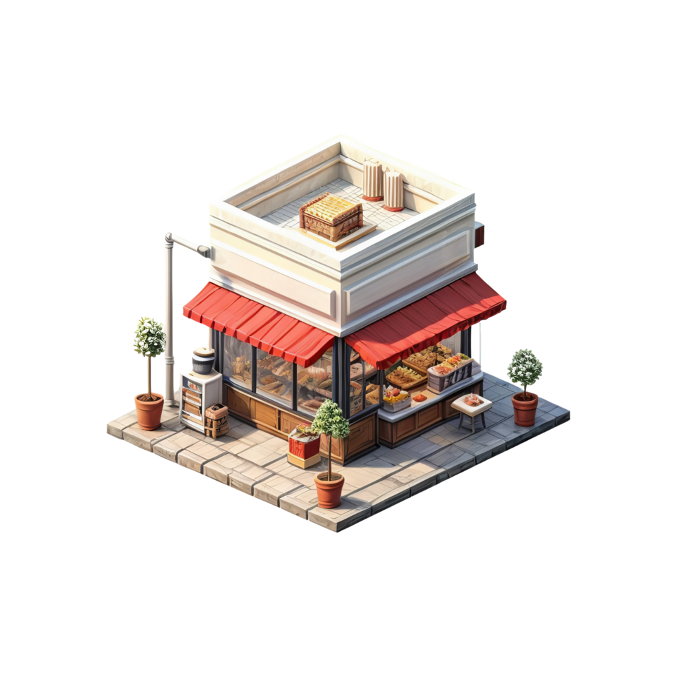 A small store with a red awning and a sign png