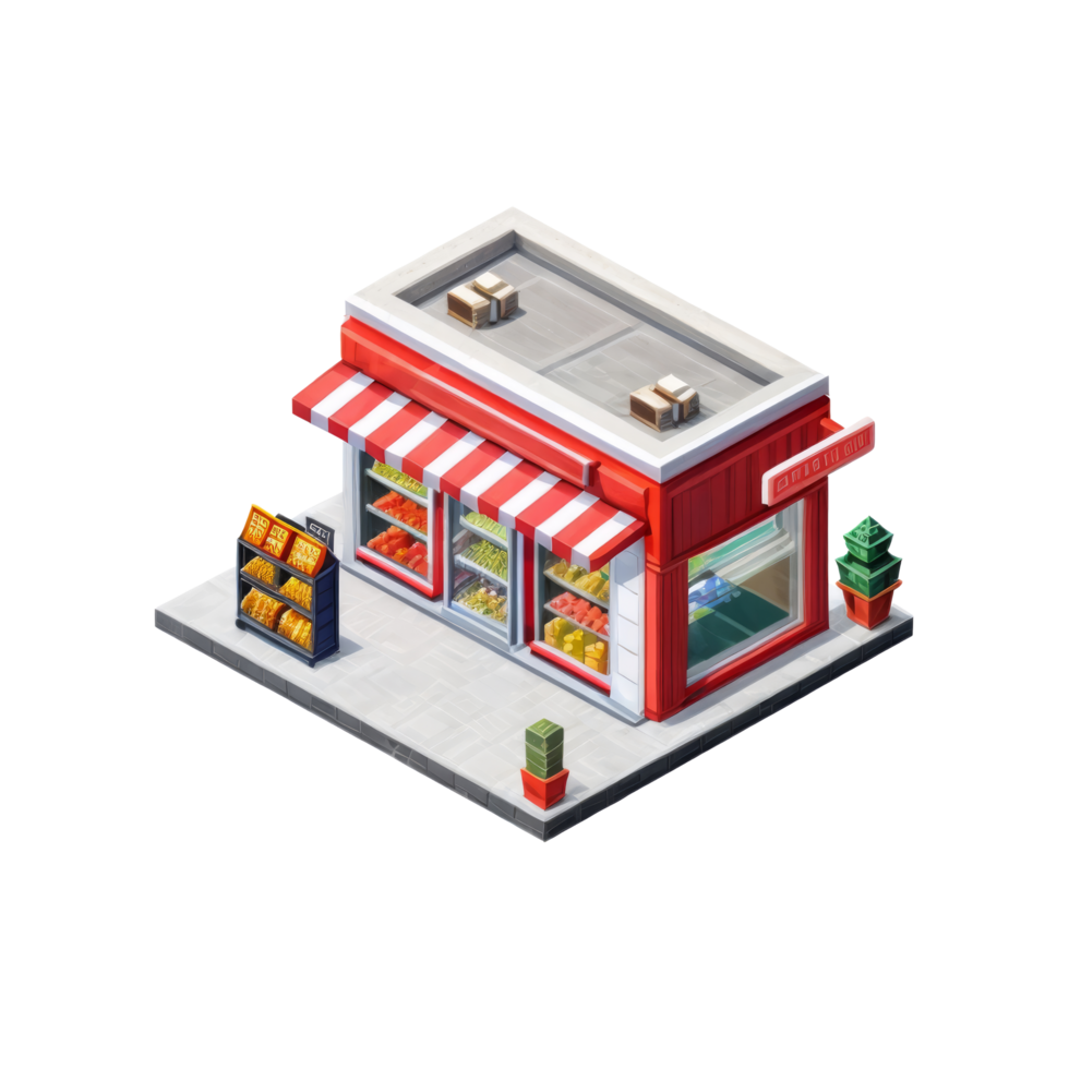 A small store with a red awning and a sign png