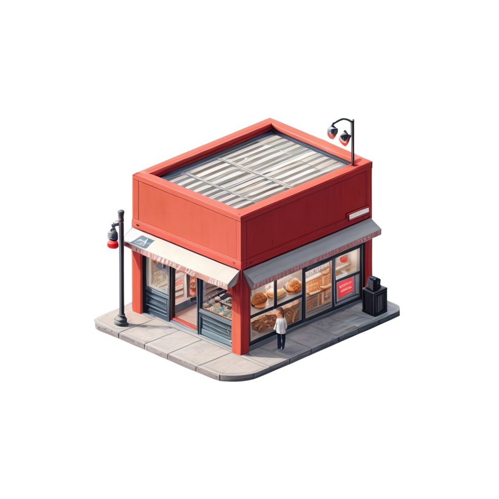 A small red building with a man standing outside png