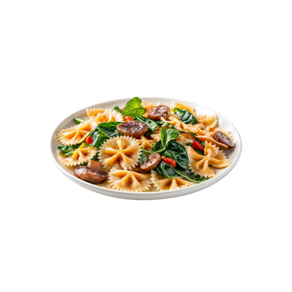 A plate of pasta with spinach and mushrooms png