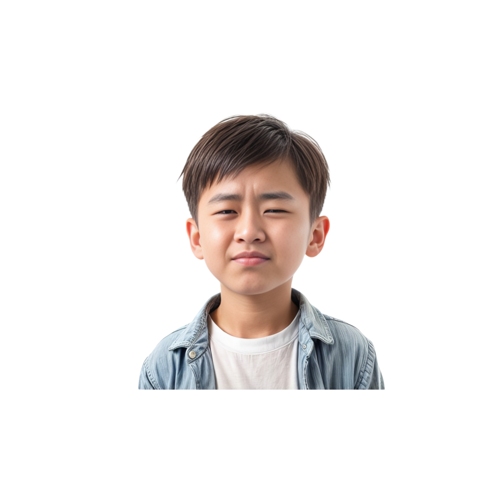 a young boy is looking at the camera with a sad expression png