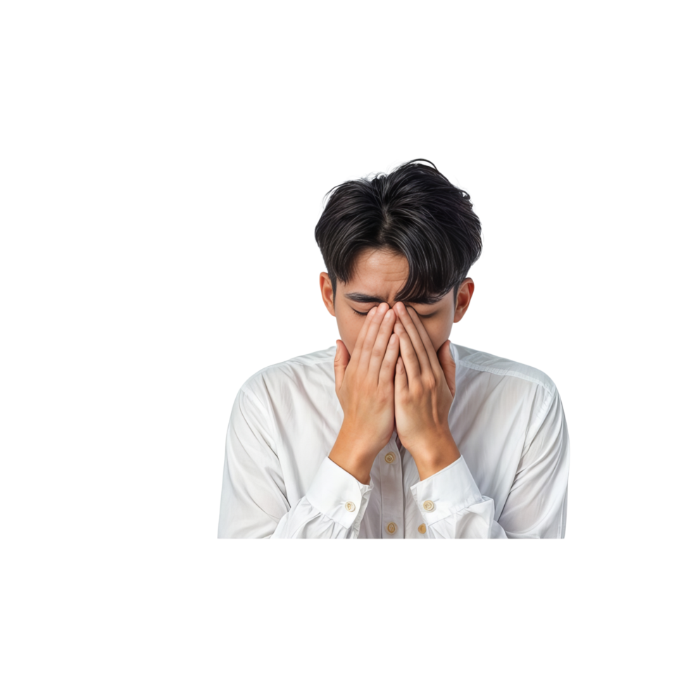 a man covering his face with his hands png