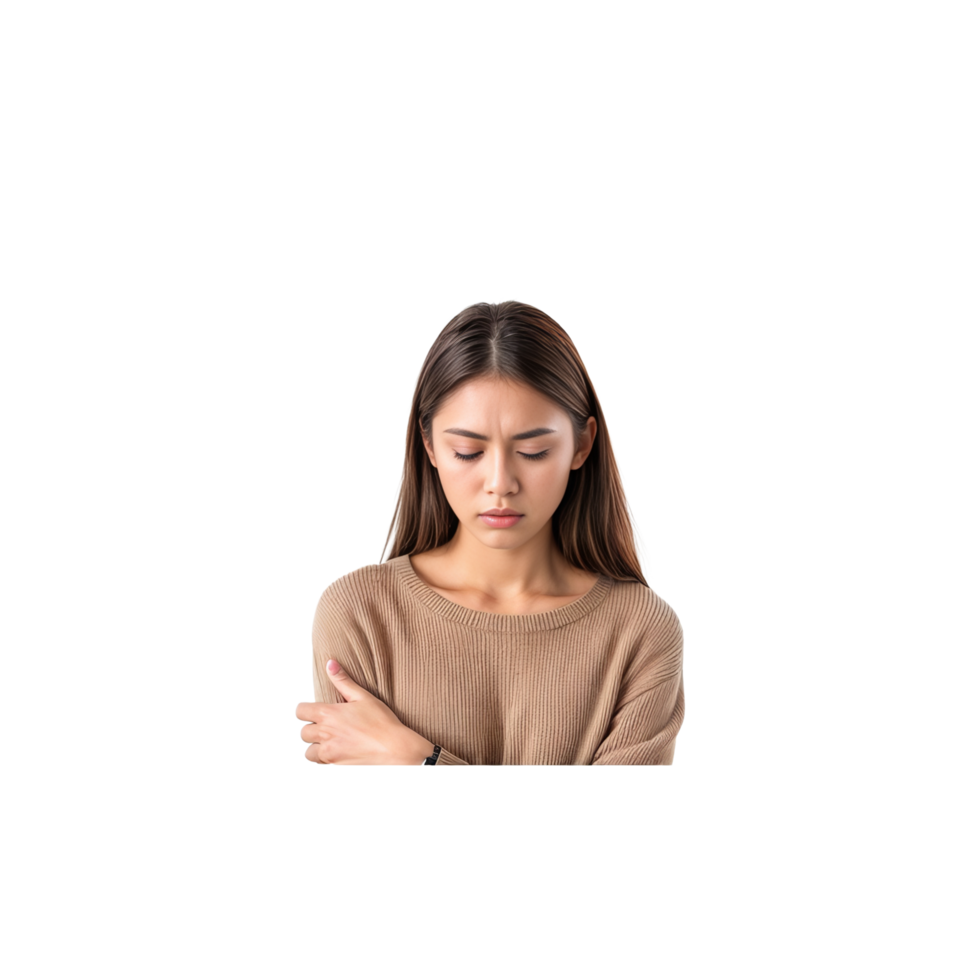 a woman in a brown sweater is looking down png
