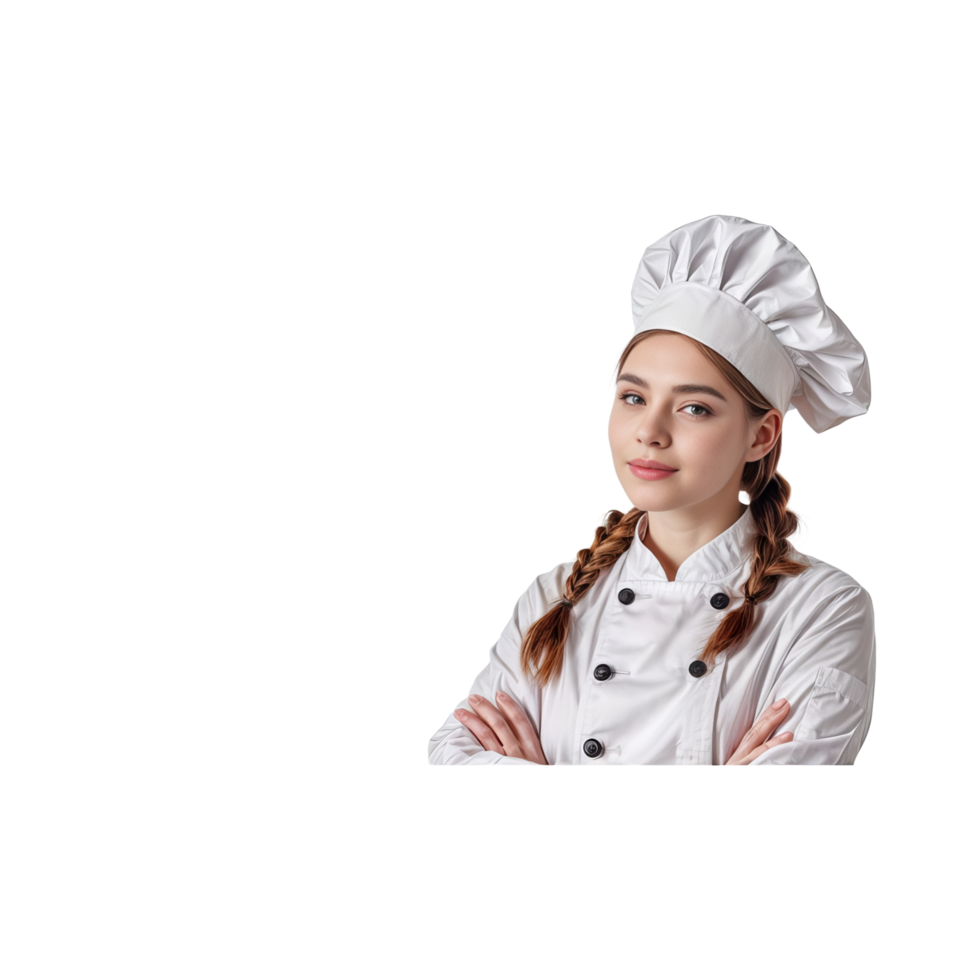 a young woman in a chef's uniform standing with her arms crossed png