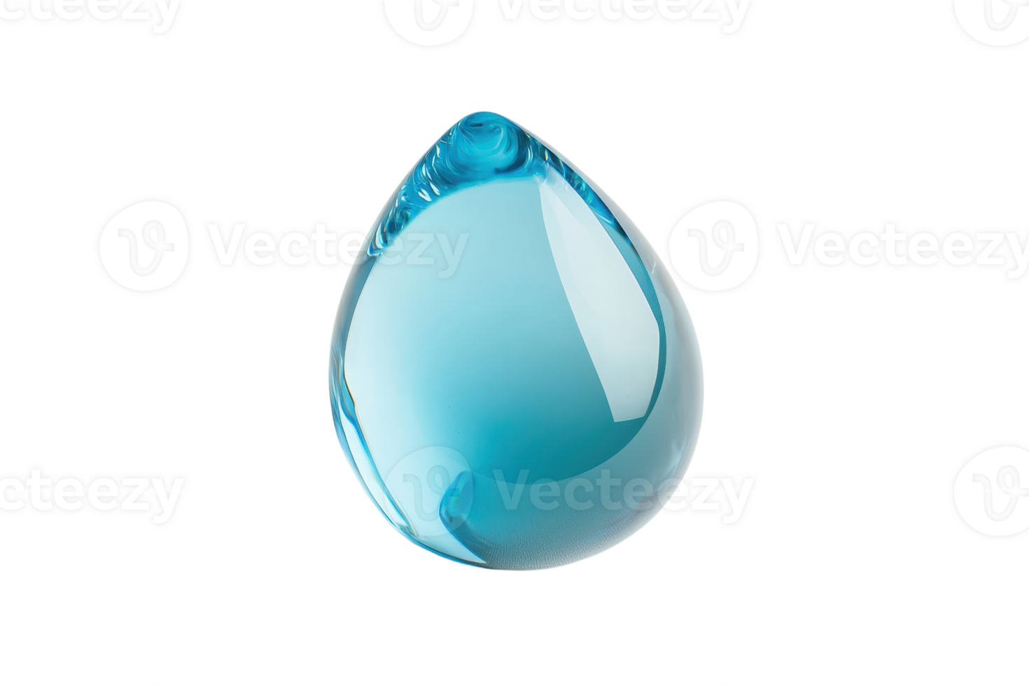 Close-up of a blue crystal water droplet, isolated on transparent background. showcasing purity and clarity in minimalist style. png