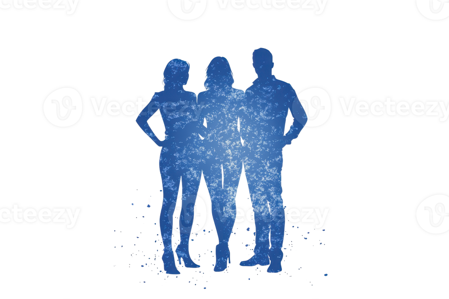 Abstract illustration of three human figures in blue silhouette, representing unity and community against a textured background. png