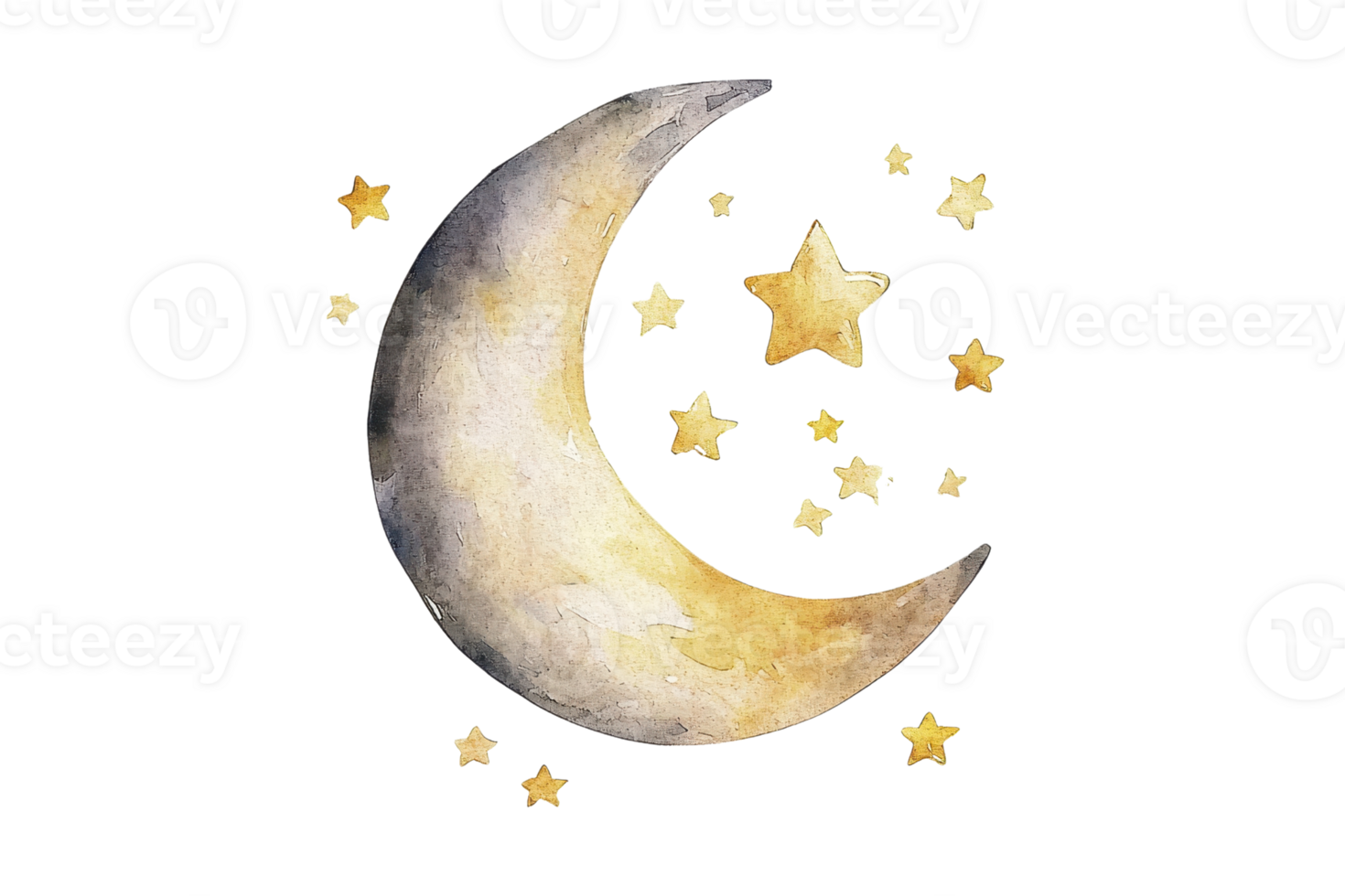 A whimsical watercolor illustration of a crescent moon surrounded by sparkling stars against a transparent background. evoking a sense of mystery and wonder. png