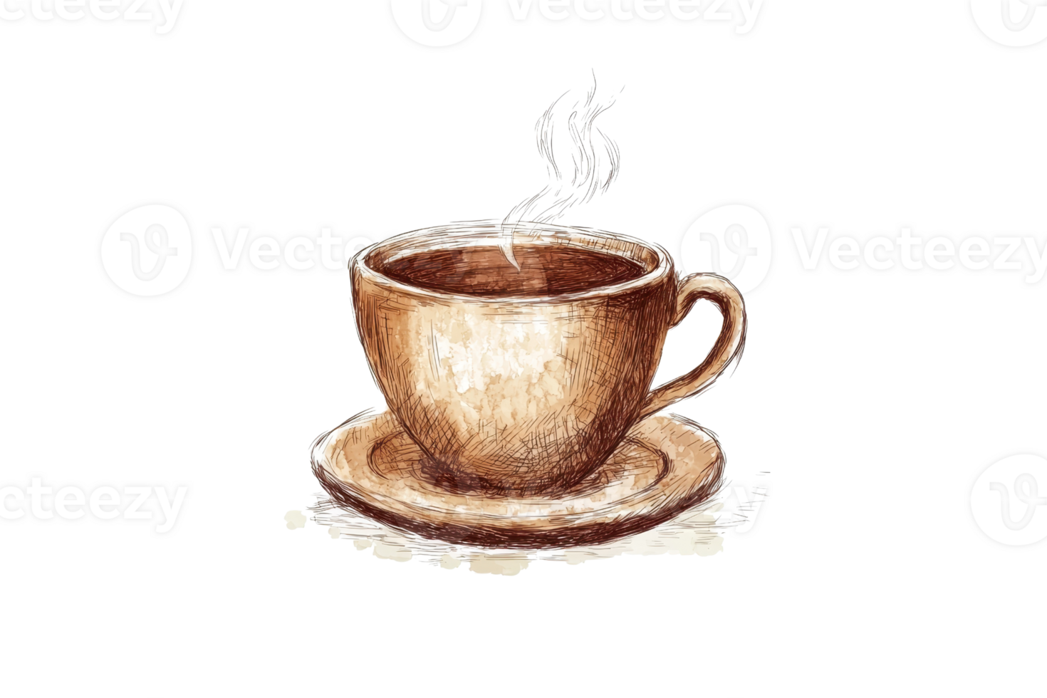 Artistic watercolor of a steaming coffee cup on a saucer, capturing warmth and coziness, perfect for morning beverage-themed designs. png