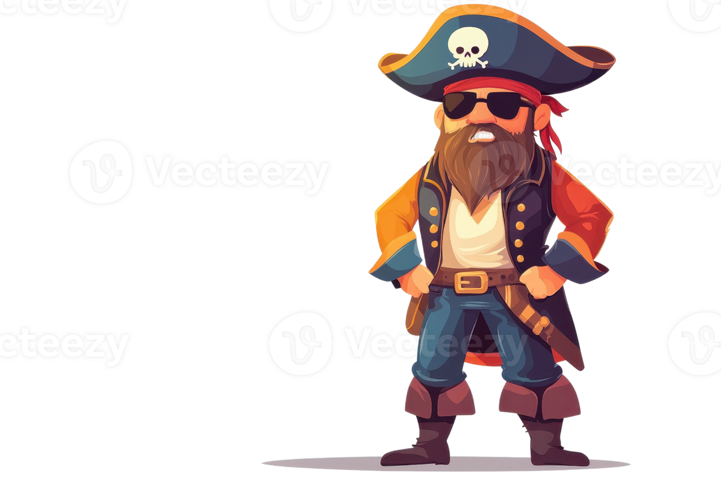 Cartoon pirate character with a hat and beard standing confidently, wearing sunglasses and traditional pirate outfit on a transparent background. png