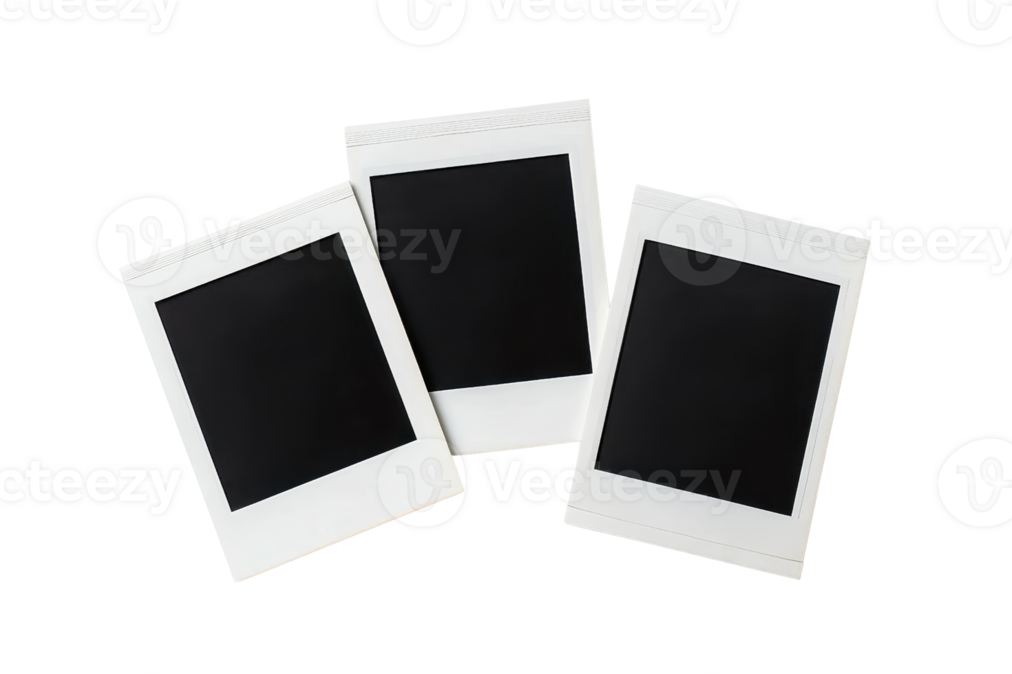 A set of three blank vintage instant photo frames arranged on a transparent background. ready for customization or creative projects. png