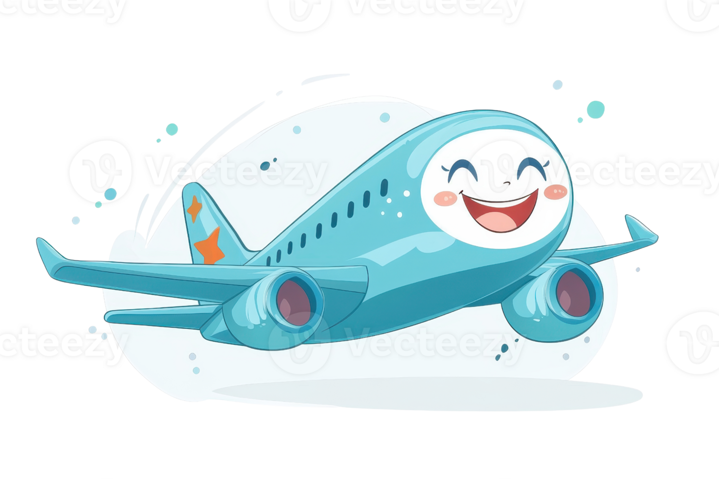 Cheerful cartoon airplane with a big smile and vibrant colors, flying joyfully against a clear sky, ideal for children's illustrations. png