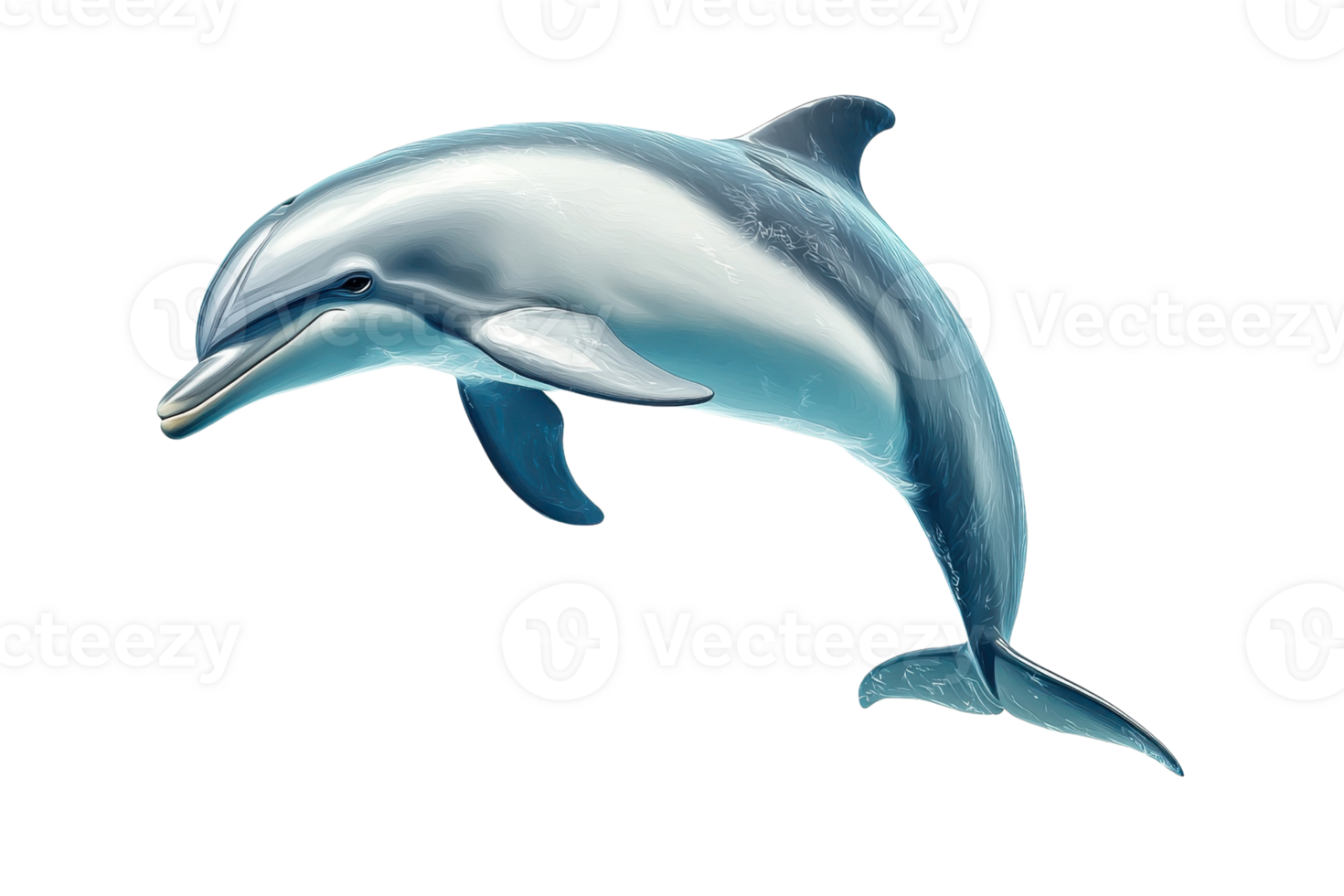 A lively dolphin jumping out of the ocean against a clear blue sky, showcasing the beauty and grace of marine wildlife in a serene environment. png