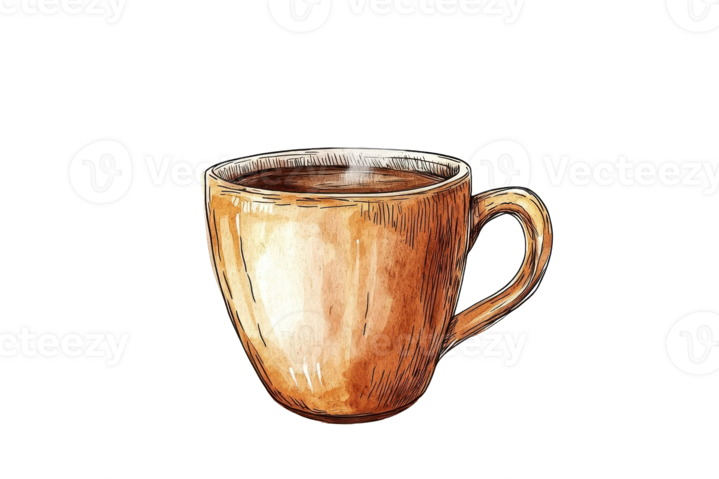 Artistic watercolor illustration of a brown coffee cup filled with coffee, isolated on a transparent background. capturing a cozy ambiance. png