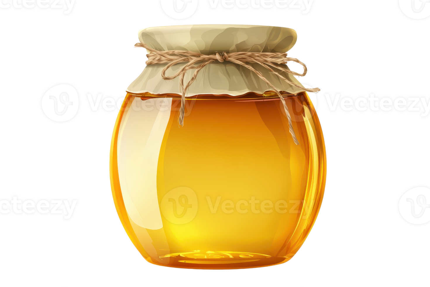 A clear glass jar filled with golden honey, topped with a rustic paper lid and twine, capturing the essence of natural sweetness. png