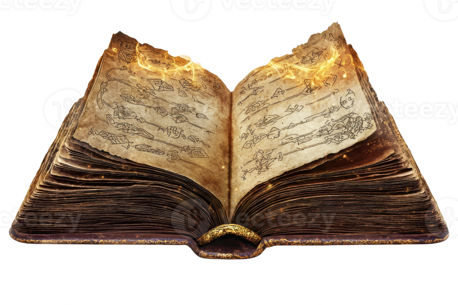 Ancient book with glowing pages and mystical symbols, evoking a sense of magic and mystery. Perfect for fantasy or history themes. png