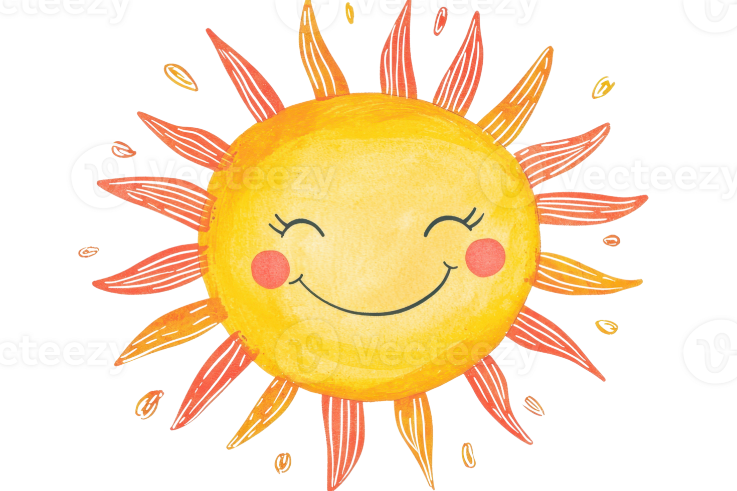 Cheerful hand-drawn sun illustration with a smiling face and vibrant rays, ideal for summer themes, children's art, and playful designs. png