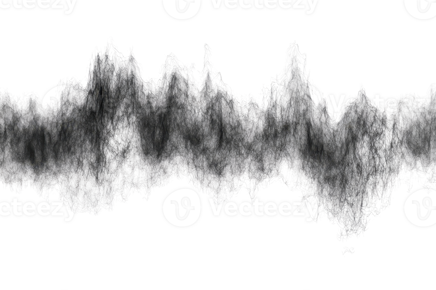 Abstract misty forest silhouette with dark trees against a cloudy background, creating a mysterious and serene atmosphere. png
