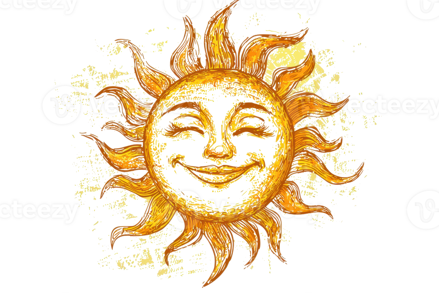 Artistic depiction of a cheerful sun with a smiling face and vibrant rays, set against a textured background, symbolizing warmth and vitality. png