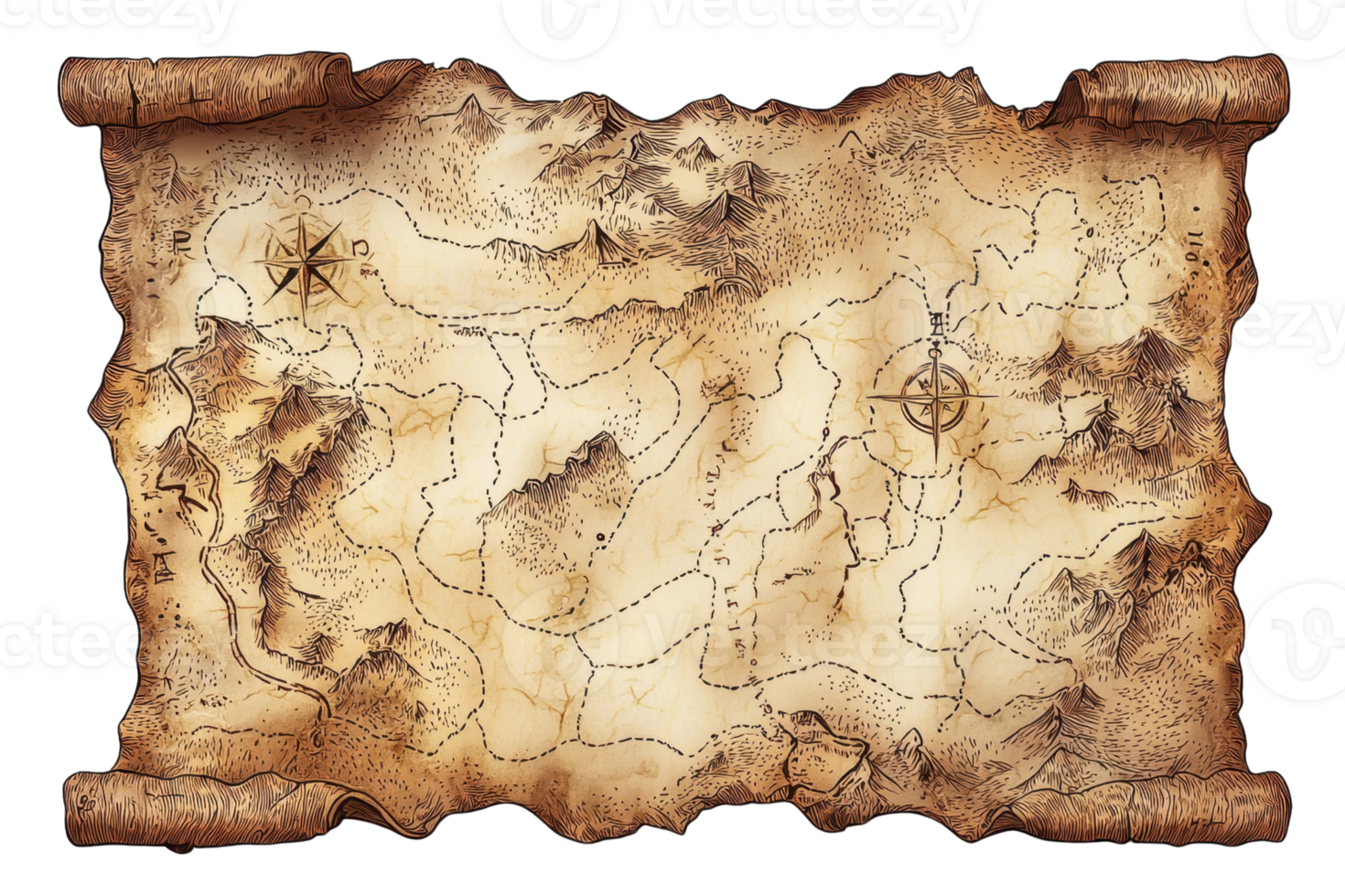Antique treasure map on parchment with compass rose, mountains, rivers, and paths, evoking adventure and mystery. png