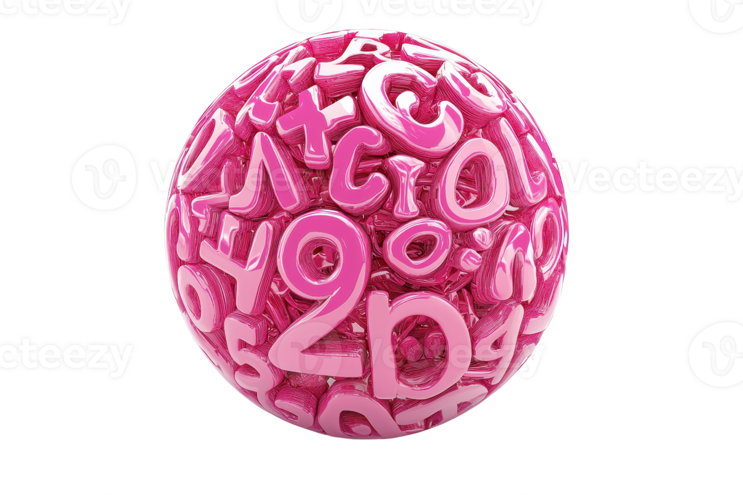 A vibrant 3D sphere made of pink numbers and letters on a transparent background, highlighting creativity and playful design elements. png