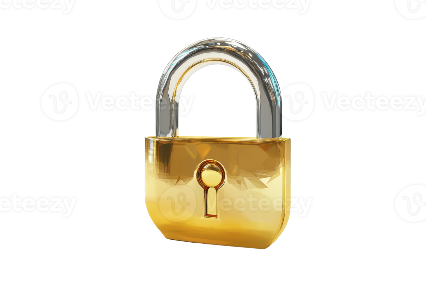 Close-up of a shiny brass padlock symbolizing security and protection on a transparent background. showcasing strength and reliability. png
