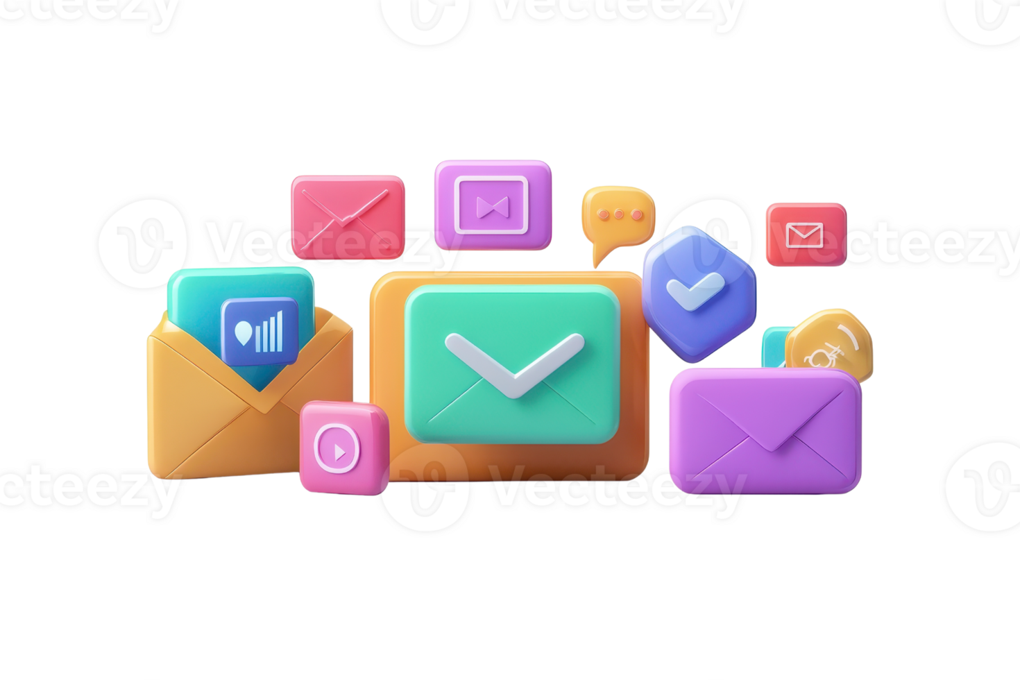 Colorful 3D icons representing email communication, social media, and digital interaction in a connected world. png