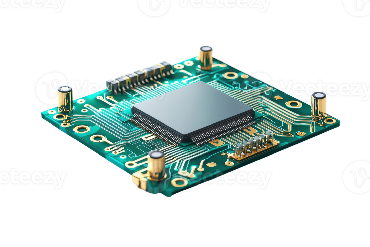 Close-up of a microchip on a green circuit board, showcasing intricate technology and electronic components in a high-tech setting. png