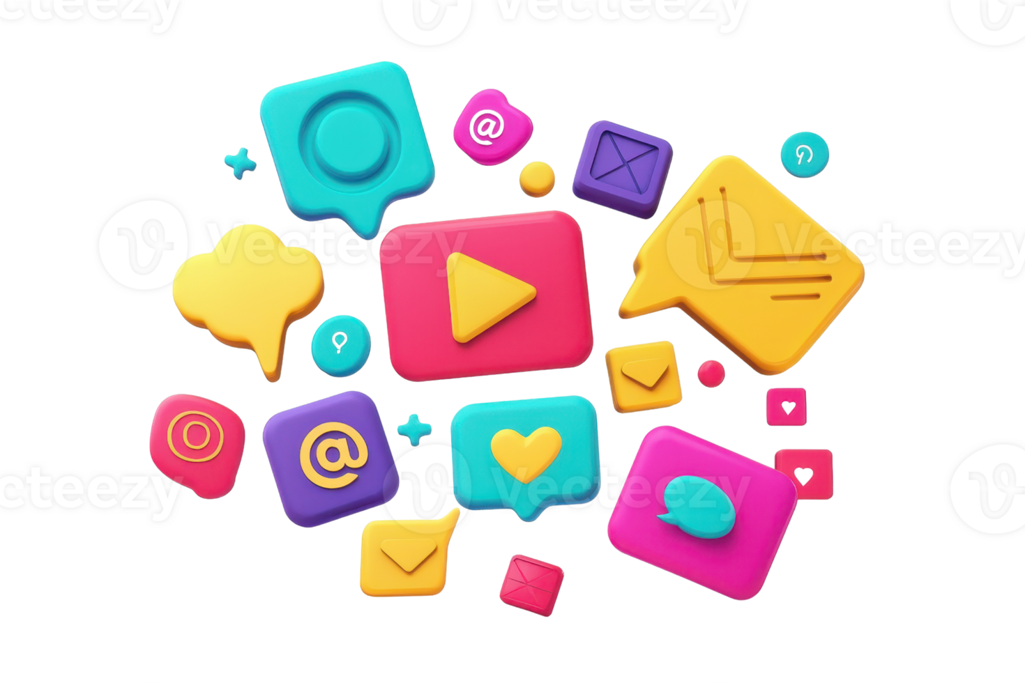 Colorful 3D social media icons and symbols floating over a transparent background. representing digital communication and connectivity. png
