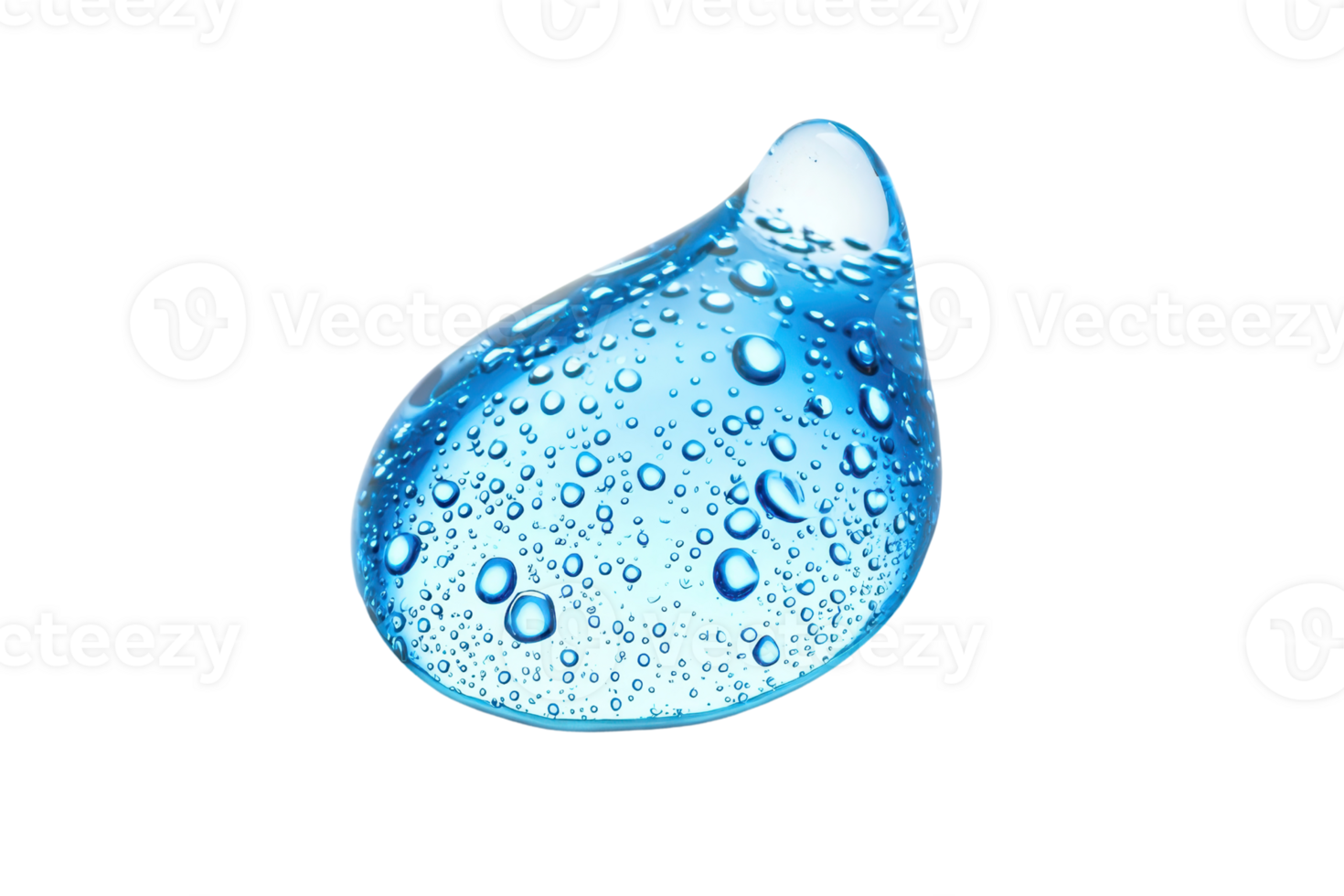 Close-up of a refreshing blue water droplet with captivating light reflections and scattered bubbles, isolated on a clean background. png