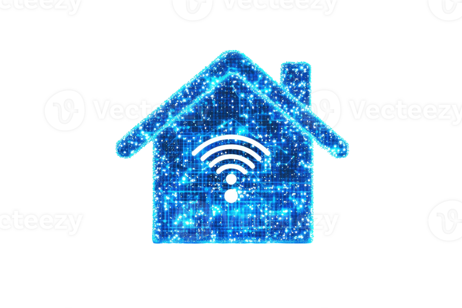 Digital smart home technology concept with glowing house outline and Wi-Fi symbol, illustrating modern connectivity and automation. png