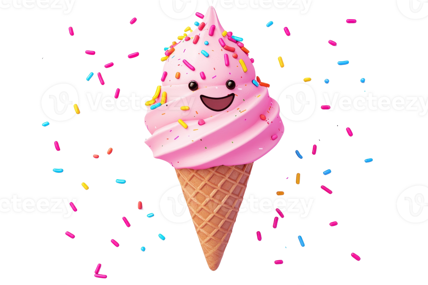 Cute cartoon ice cream cone with pink scoop, smiling face, and colorful sprinkles floating around. Perfect for fun dessert-themed designs. png