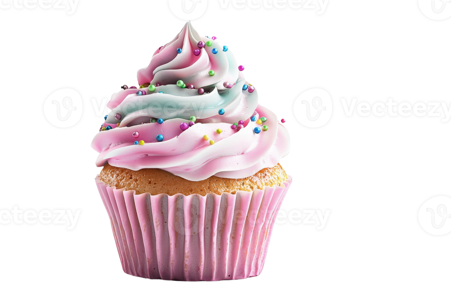 Colorful cupcake with pink, blue, and white frosting topped with sprinkles in a pastel liner, isolated on a transparent background. png