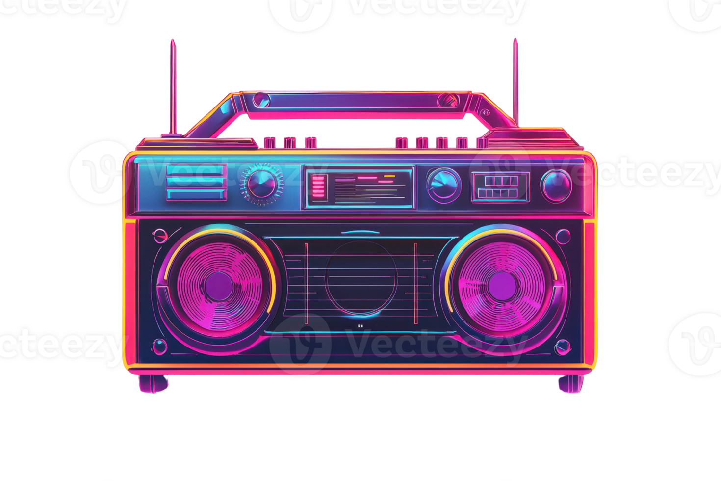 Colorful retro boombox with neon lights, capturing 80s nostalgia and vibrant music culture. Perfect for vintage and musical themes. png