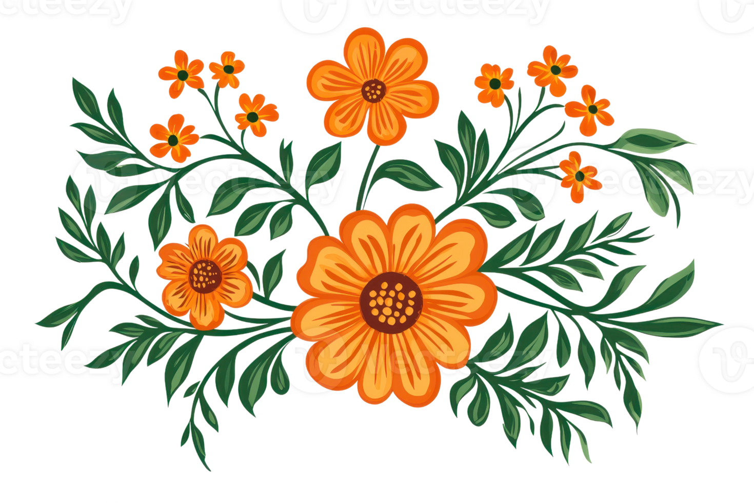 Colorful illustration of orange flowers with green leaves, perfect for nature-themed designs, backgrounds, and artistic projects. png