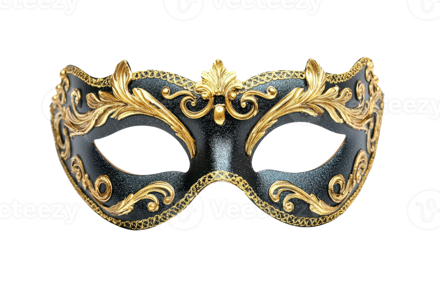 Elegant black and gold masquerade mask with intricate details, perfect for a mysterious and sophisticated costume party or celebration. png