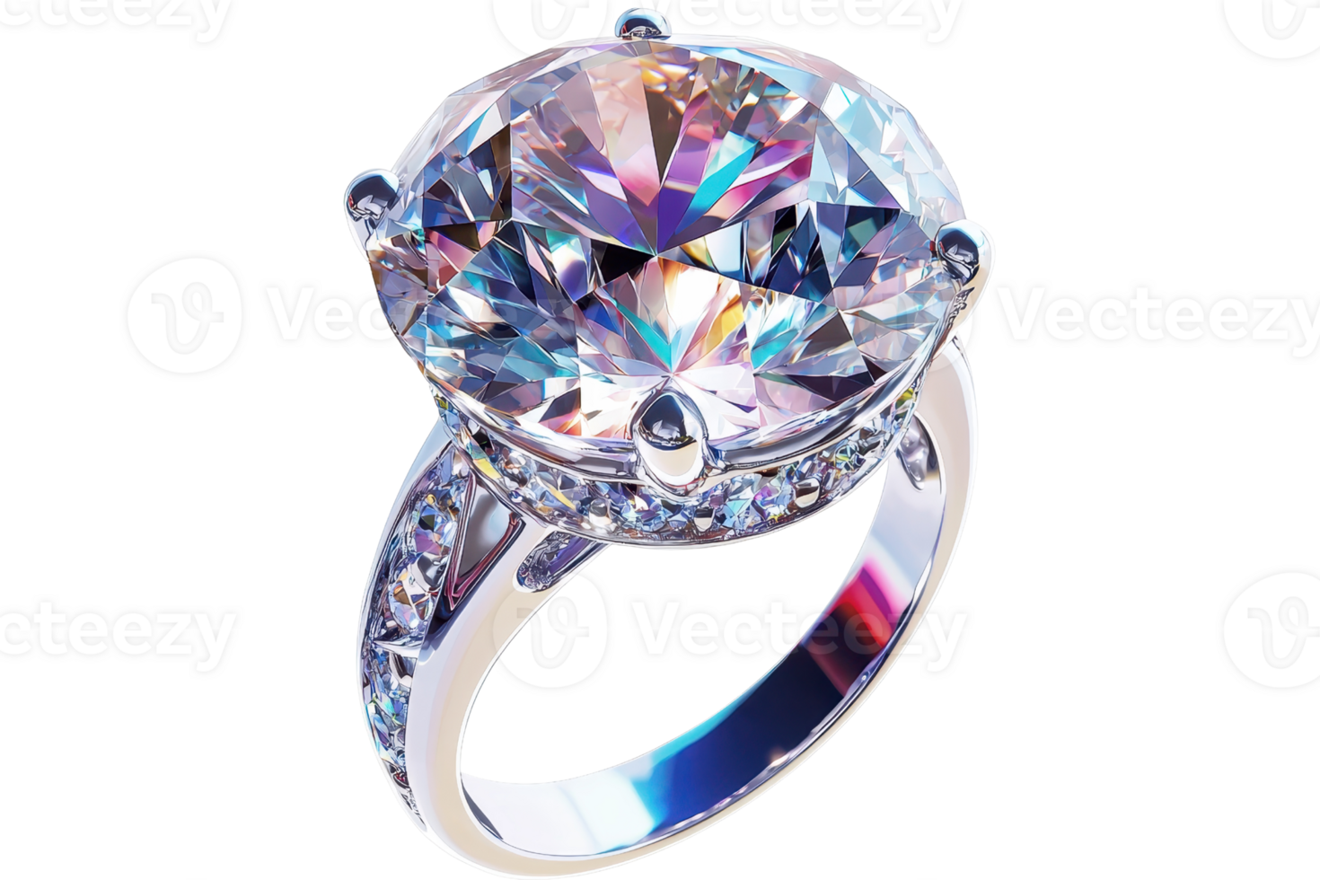 Elegant diamond ring with brilliant cut gemstone, reflecting colorful light. Perfect representation of luxury and sophistication. png
