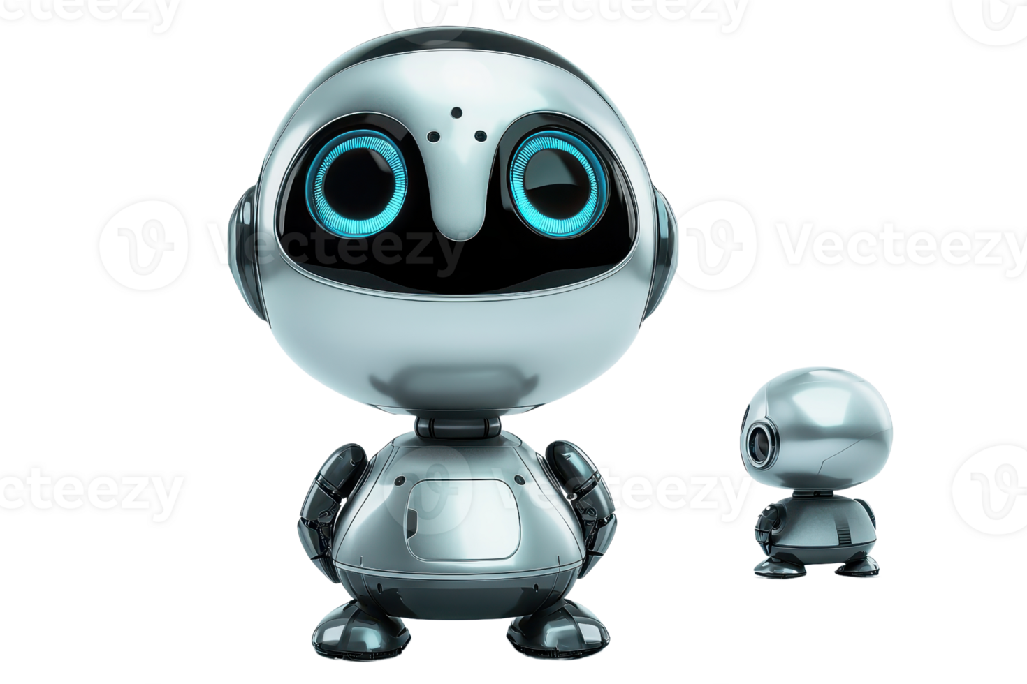 Cute futuristic robot with large eyes and shiny metallic body, standing with a smaller version beside it, isolated on transparent background. png