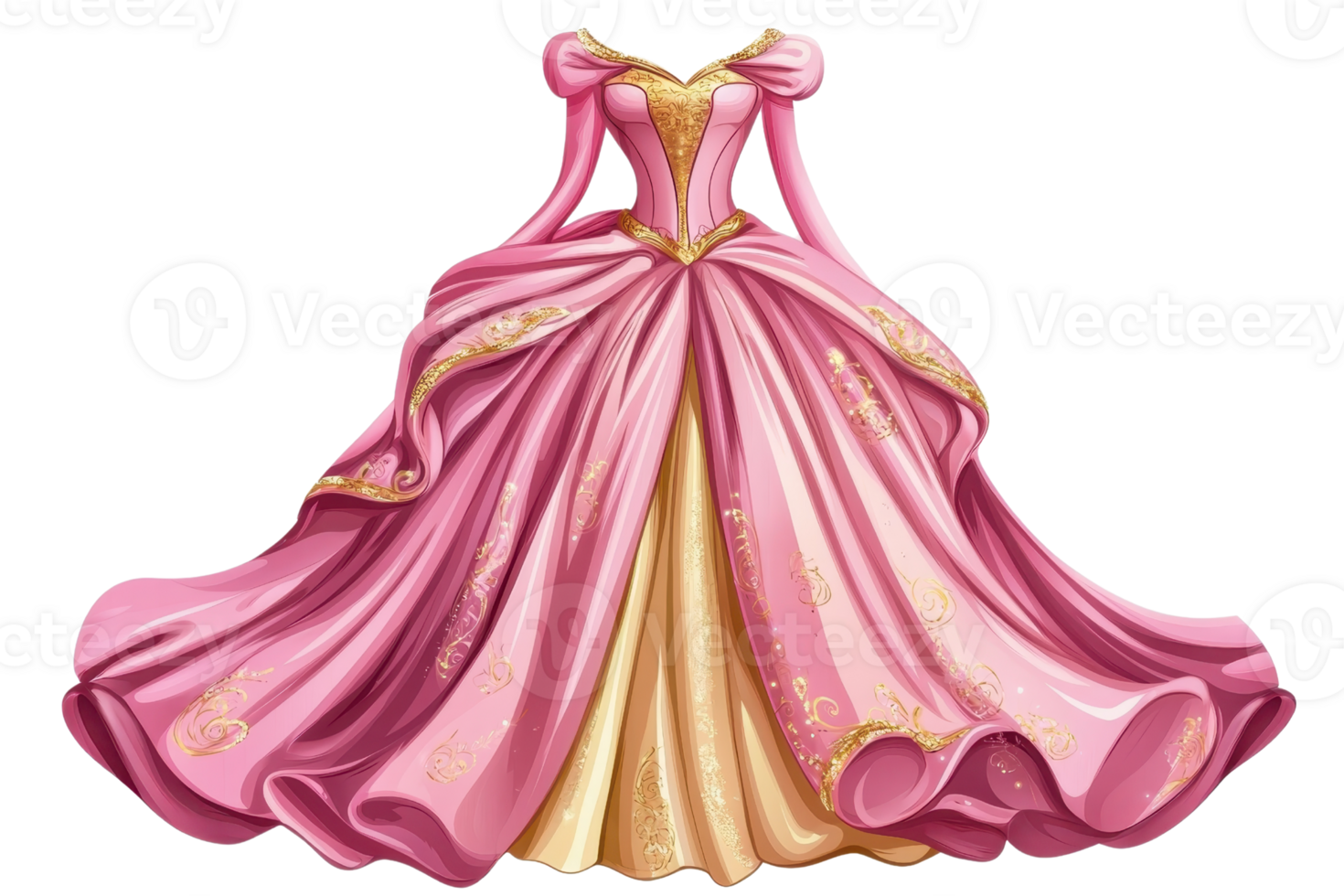 Elegant pink princess gown with intricate gold accents, showcasing luxurious fabric and design against a plain backdrop for royalty theme. png