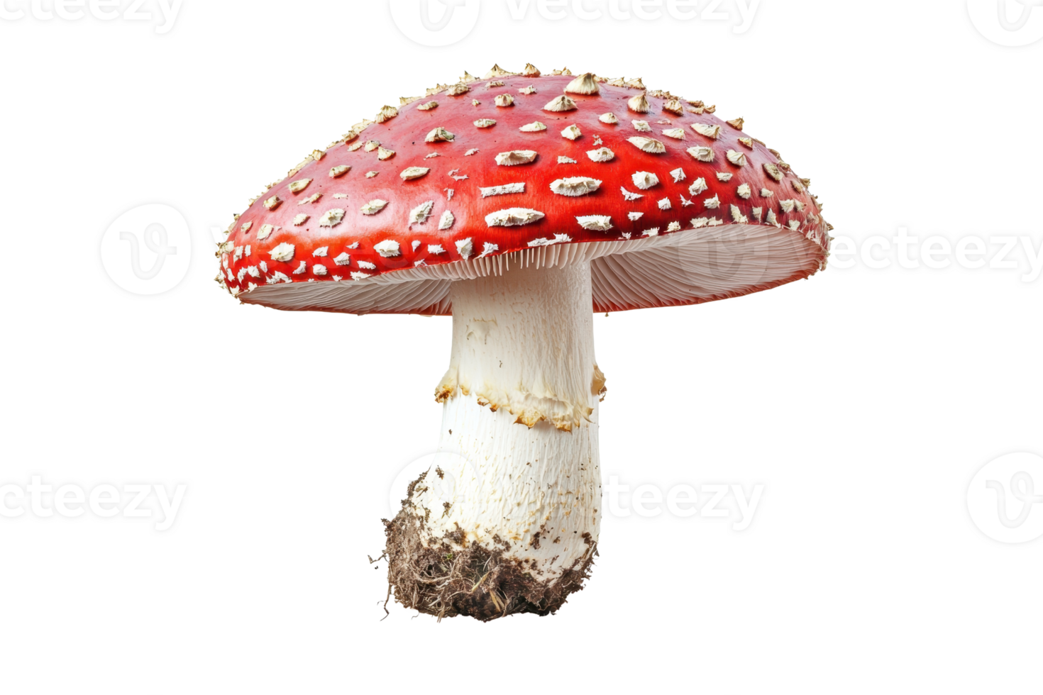 Close-up of a vibrant red and white spotted mushroom with a single stem, isolated on a transparent background. highlighting its natural beauty. png