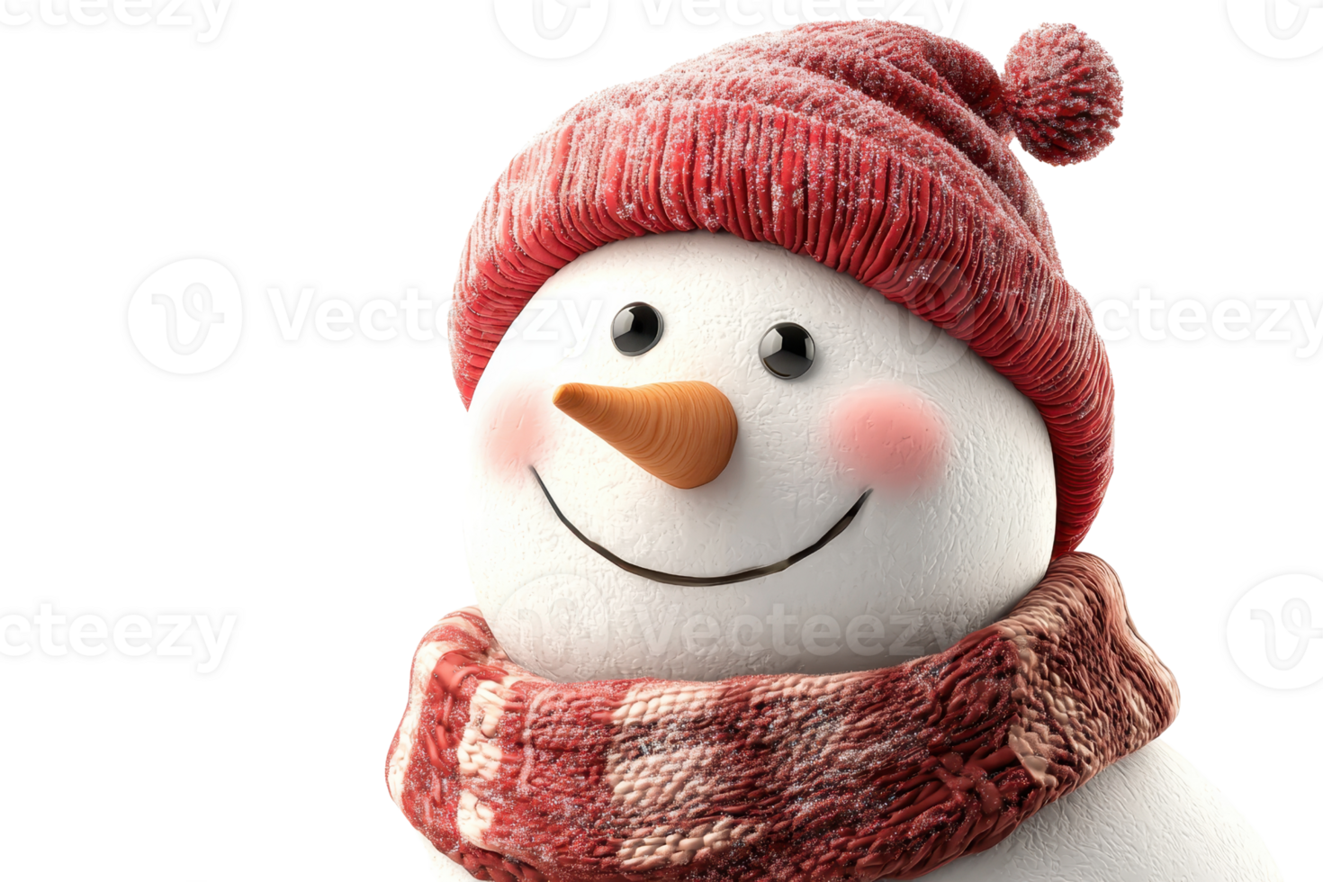 Cute snowman with a red beanie and scarf, smiling joyfully. Perfect winter holiday image capturing the essence of festive cheer. png