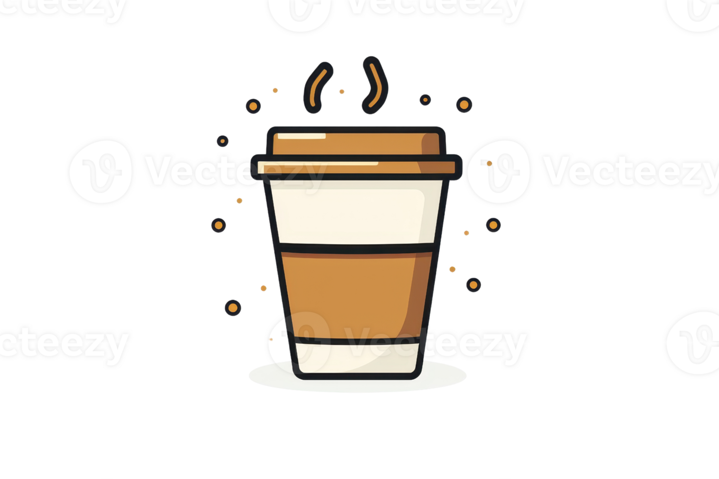 Illustrated coffee to-go cup with steam and decorative sparks, representing fresh brew and warmth. Perfect for cafe-themed projects. png