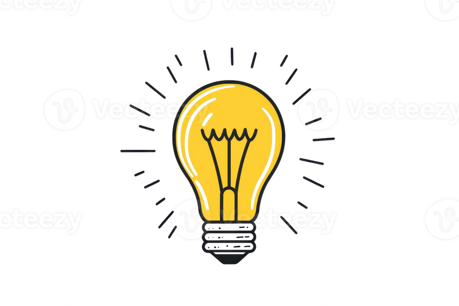 Illustration of a glowing yellow light bulb with rays symbolizing creativity, innovation, and bright ideas on a transparent background. png